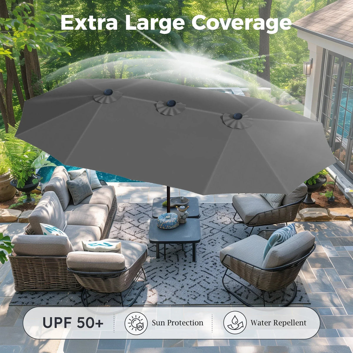 2026 NewAlpha Joy 15ft Outdoor Patio Umbrella Extra-Large Double-Sided Garden Umbrella with Crank Handle and Base - Smoky Gray