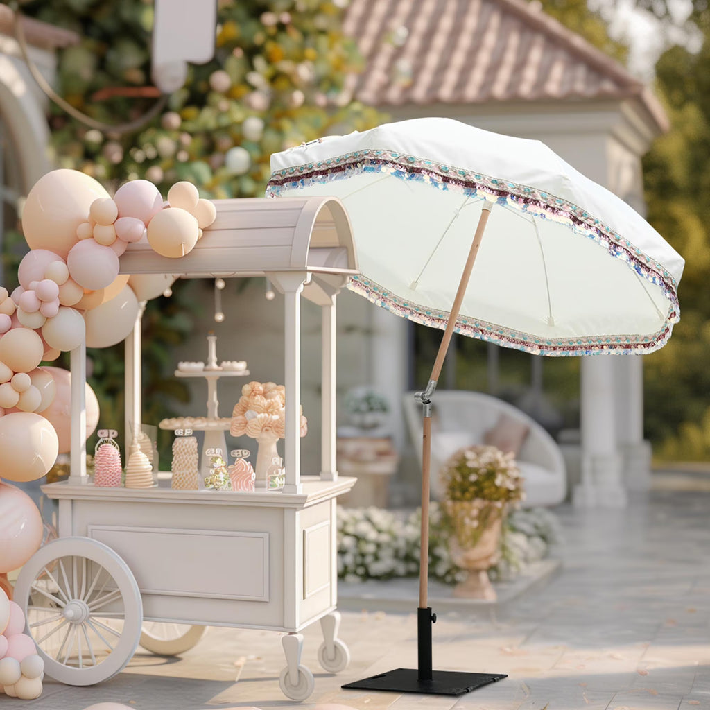 2026 NewLAGarden 6 Ft Fringe Patio Umbrella with Tassel Jazz Age Wood UPF50+ for Outdoor, Beige with gold tassel,Model: JZ6-01