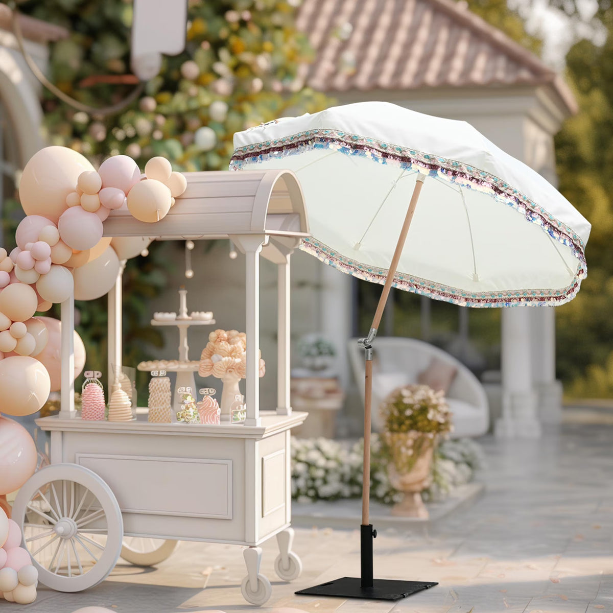 2026 NewLAGarden 6 Ft Fringe Patio Umbrella with Tassel Jazz Age Wood UPF50+ for Outdoor, Beige with gold tassel,Model: JZ6-01
