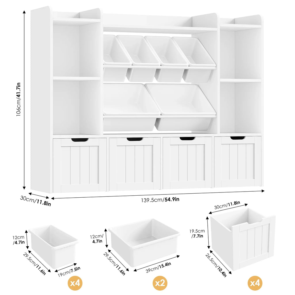 2026 NewHiphuta 3 Tier Kids Bookcase with Toy Storage Organizer, Wood Toy Organizer of 6 Boxes & 4 Removable Drawers, White