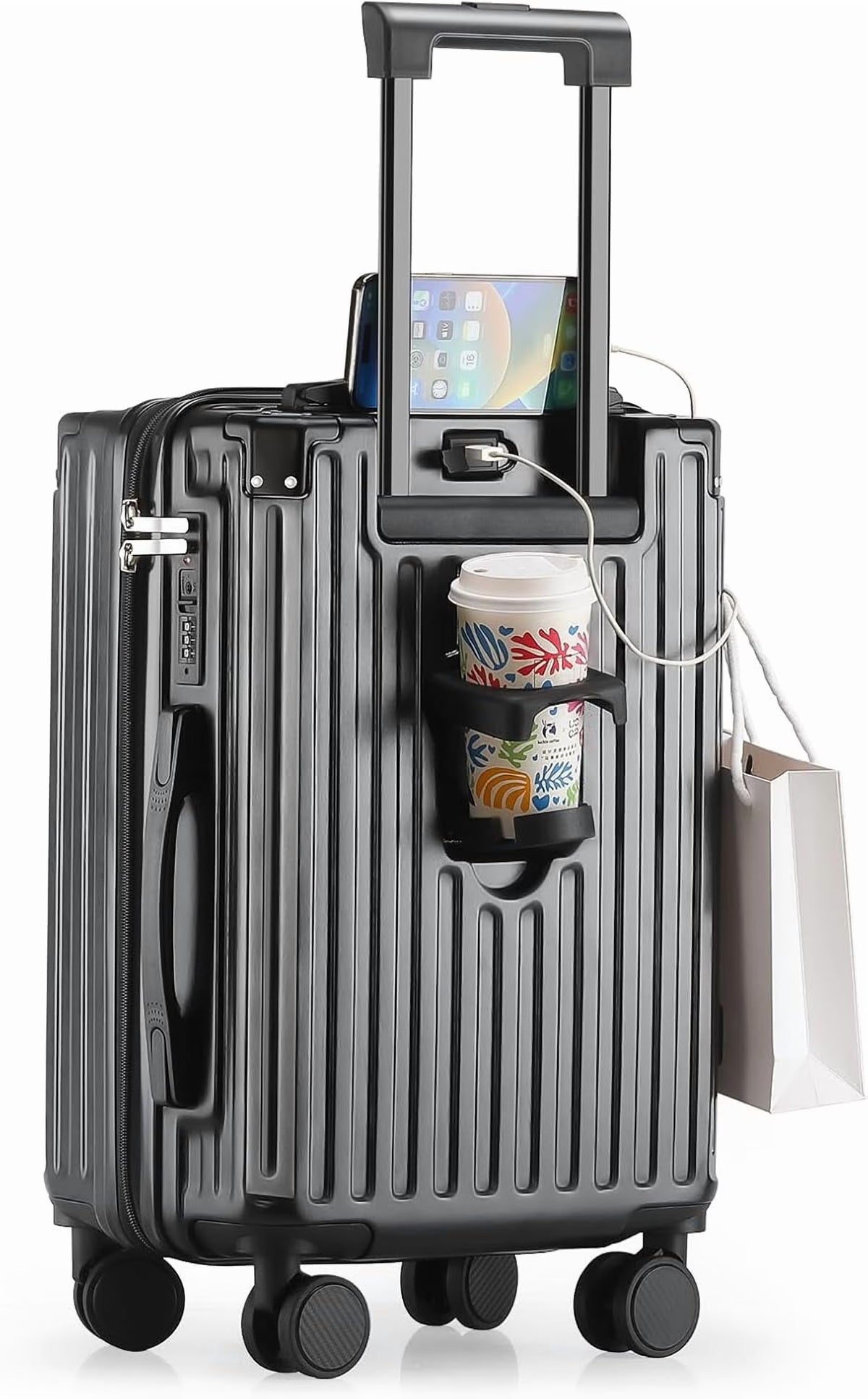 2026 New20 Inch Carry On Luggage With Cup Holder & USB Port, Airline Approved TSA-locked Luggage, Lightweight PC Material Travel Suitcase With 360" Spinner Wheel