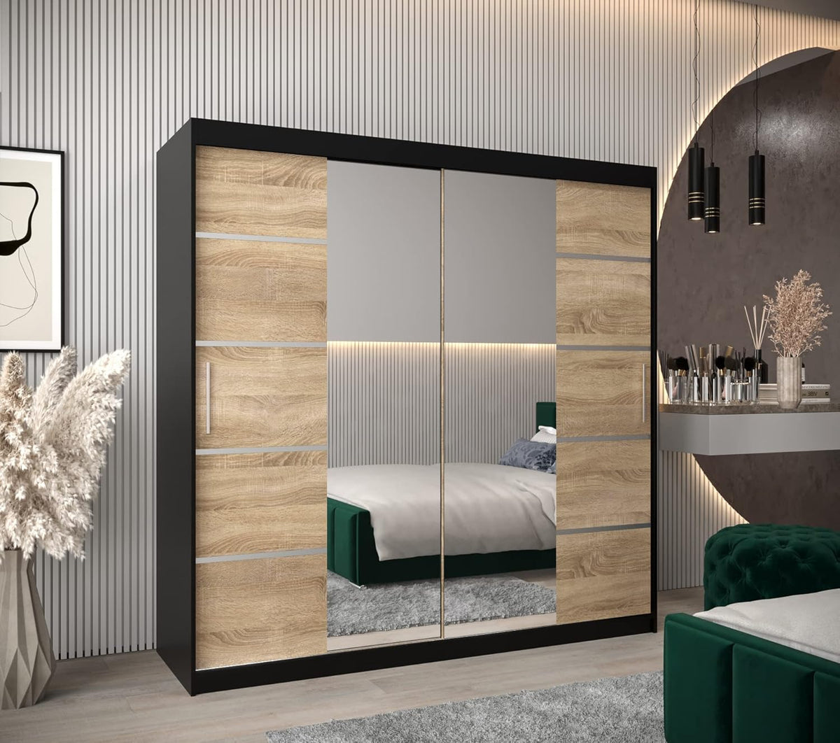 2026 Armario de dormitorio ABIKSMEBLE Verona 4 200 con tres puertas correderas – Armario de almacenamiento moderno con espejo, perchero y estantes – 200 x 200 x 62 cm – Negro mate Sonoma