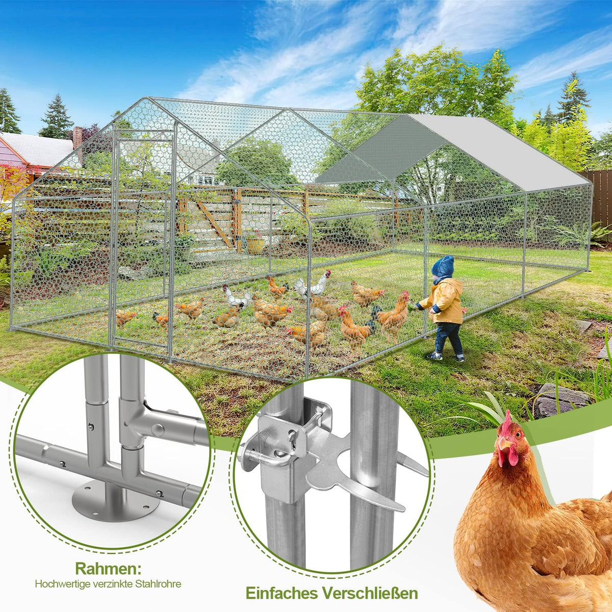 2026 Sonnewelt Corral exterior 3x6x2m Gallinero de acero galvanizado Jaula para animales pequeños Casa de pollos Techo Gallinero avícola con techo parasol y puerta para jaula de mascotas Jaula de pollos Jaula de pájaros Animales pequeños Plantas