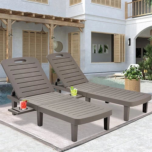 2026 NewPatio Lounge Chair Set of 2, Adjustable Chaise with Side Table, Outdoor Lounger Recliner for Poolside, Patio, Backyard, Wood Texture Design | Waterproof | Easy to Assemble | Max Weight 330 lbs White