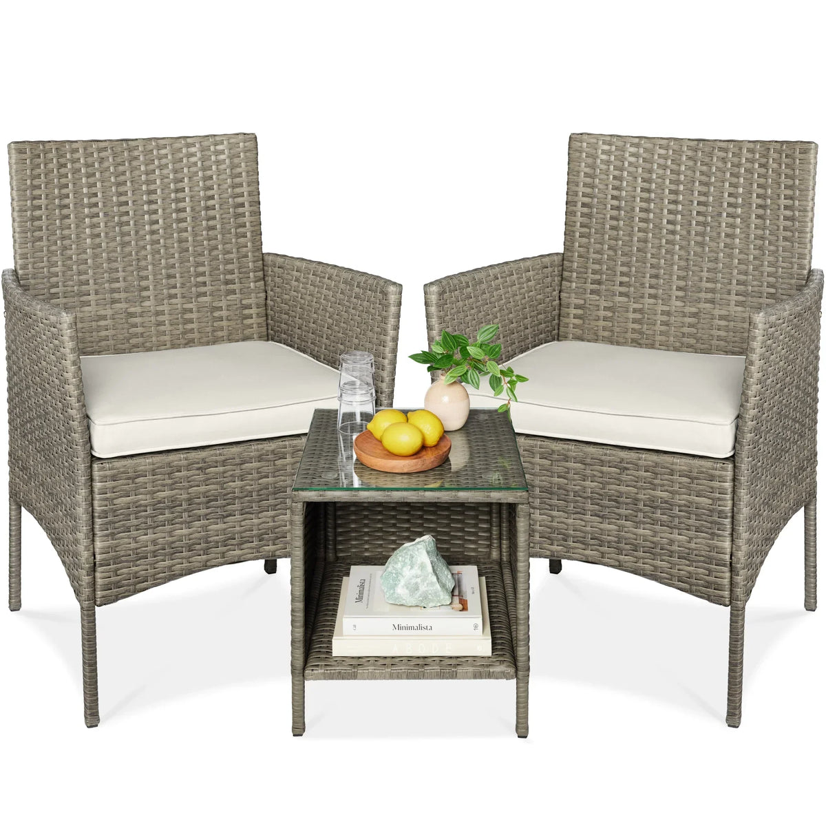 2026 NewBest Choice Products 3-Piece Outdoor Wicker Conversation Patio Bistro Set, w/ 2 Chairs, Table - Gray/Navy