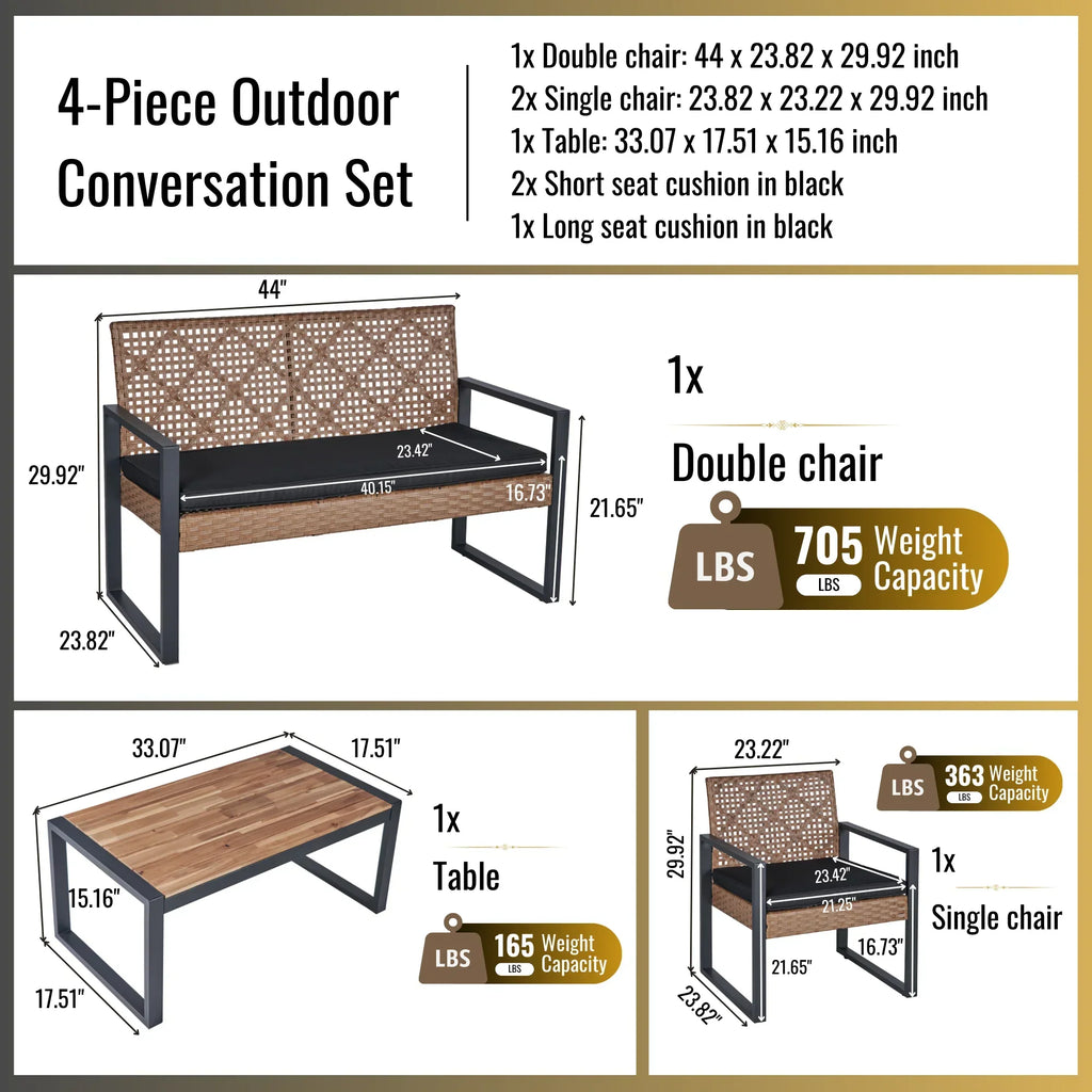 2026 NewHeavy-duty Patio Furniture Set, 4 Piece Outdoor Sectional Conversation Sets, BrownPE Rattan Patio Sofa Set with Blue Cushions
