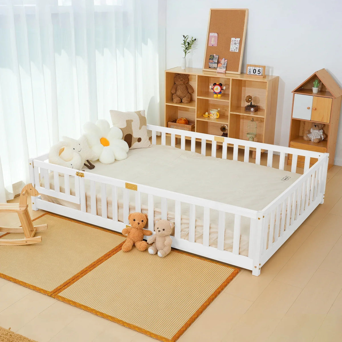 2026 NewSlsy Twin Size Toddler Floor Bed, Solid Wood Montessori Bed Frame with Fence & Door Montessori Floor Bed Crib with Safety Guardrails for Girls and Boys