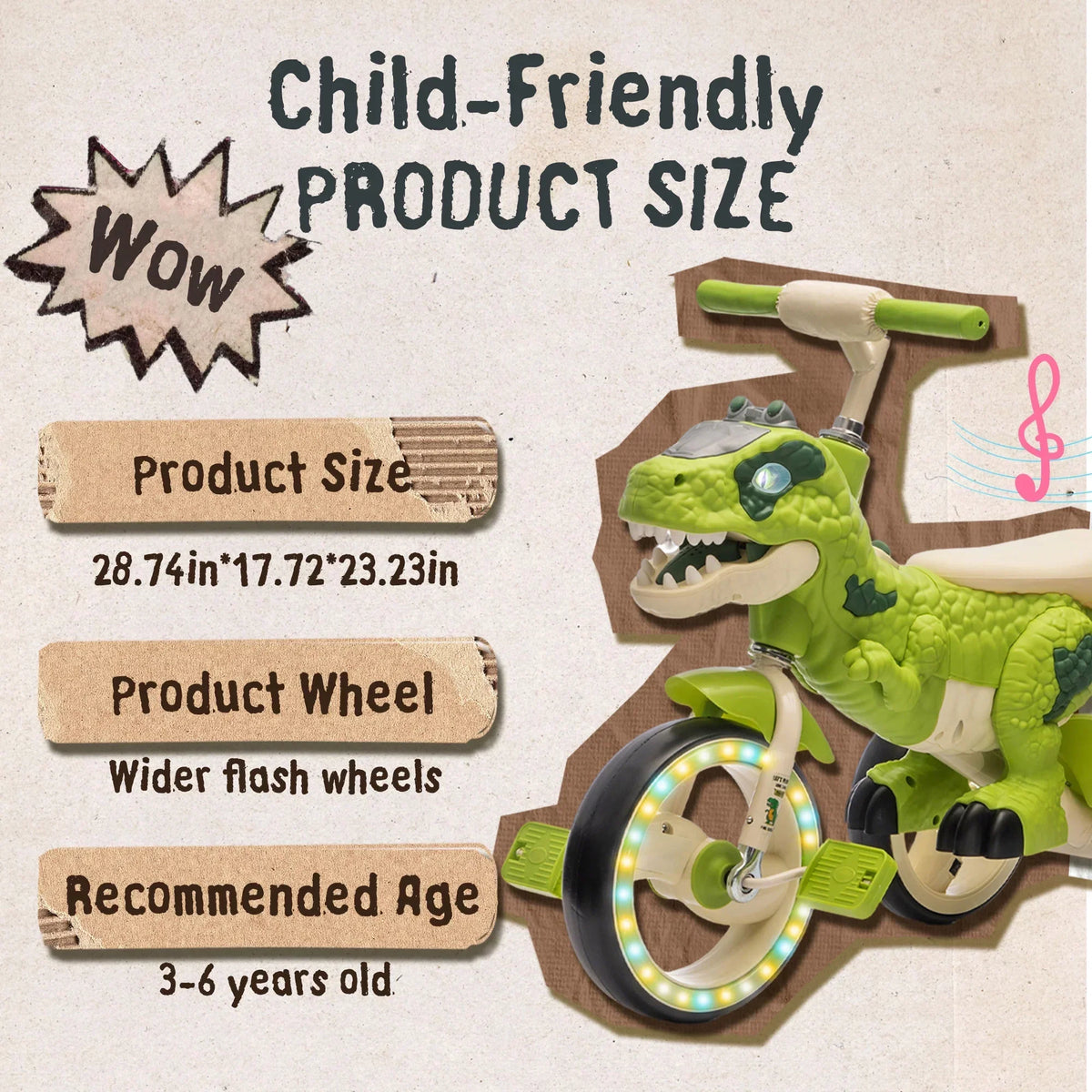 2026 NewXuanlur Kids Ride on Dinosaur Tricycle, Toddlers Kid Trike with Wide Flash Wheels, Anti-Slip Pedals, Rear Basket, Music & LED Lights, Toddler Bike Toys Gift for 3-6 Year Old Boys & Girls (Green)