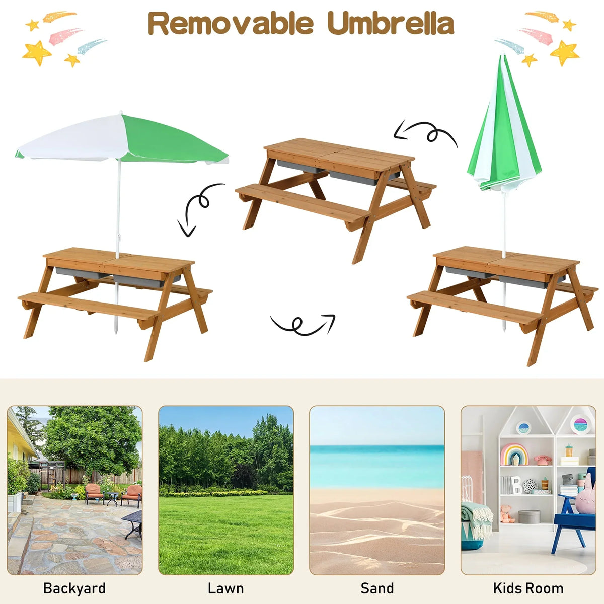 2026 NewCostway 3-in-1 Kids Picnic Table Wooden Outdoor Sand & Water Table with Umbrella Play Boxes Green
