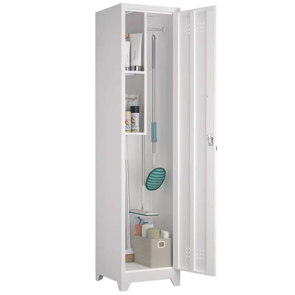 2026 NewMarcree Slim Broom Storage Cabinet, Metal Cabinet with Shelves and Hanging Rod, 65" Utility Storage Cabinet with Locking Door, Tall Cleaning Storage Cabinet for Kitchen, Pantry, Office, Shop, Garage