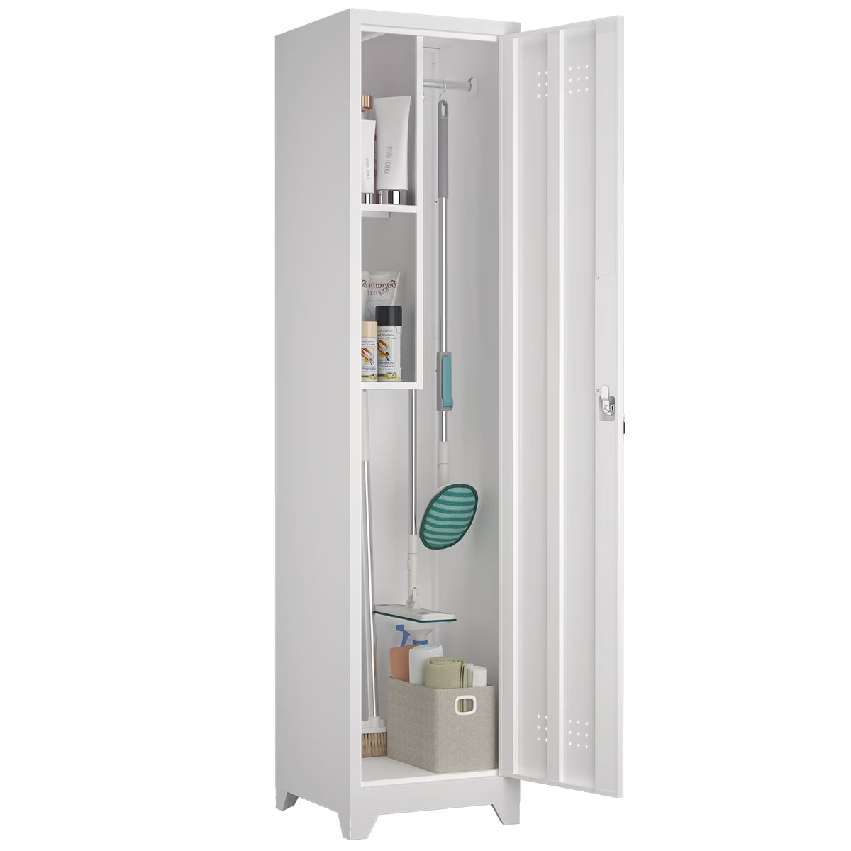 2026 NewMarcree Slim Broom Storage Cabinet, Metal Cabinet with Shelves and Hanging Rod, 65" Utility Storage Cabinet with Locking Door, Tall Cleaning Storage Cabinet for Kitchen, Pantry, Office, Shop, Garage