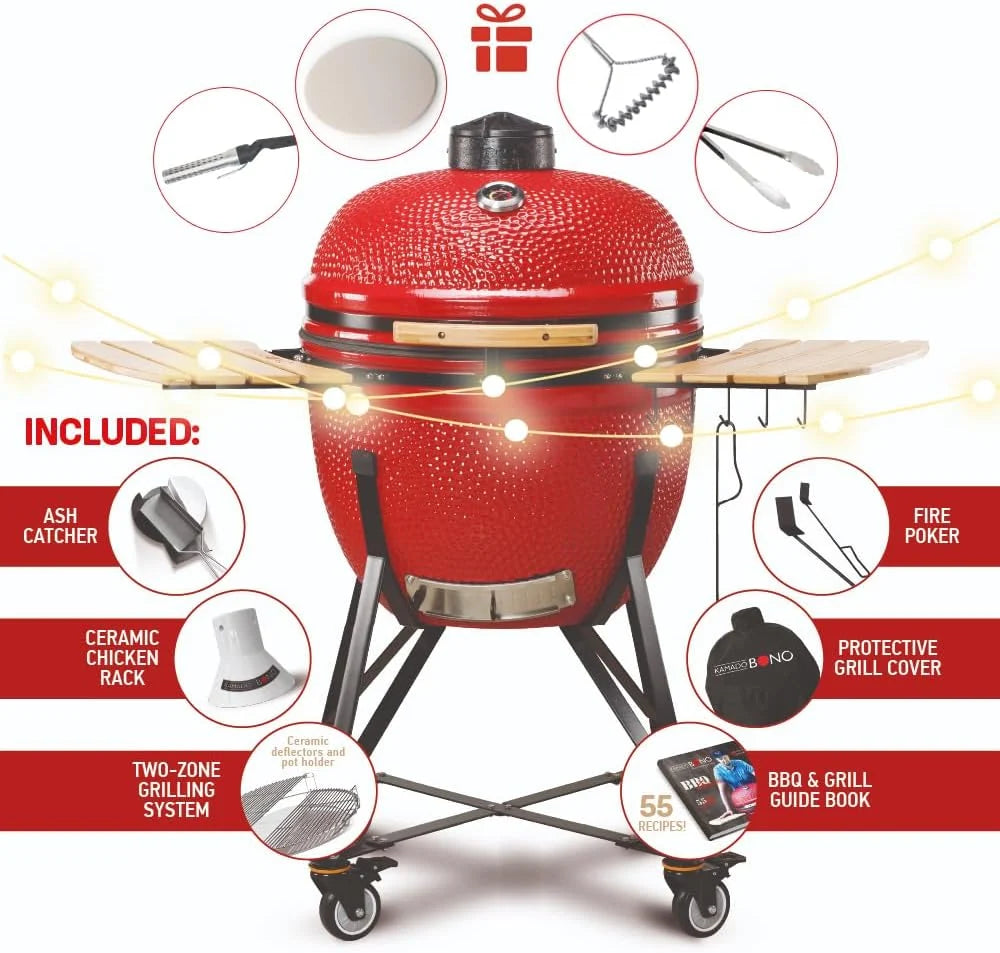 2026 Kamado BONO BBQ - Barbacoa Grande XXL con 10 accesorios - Ø 64 cm Kamado Barbacoa con Accesorios - Parrilla ahumador rojo en la terraza, balcón o jardín