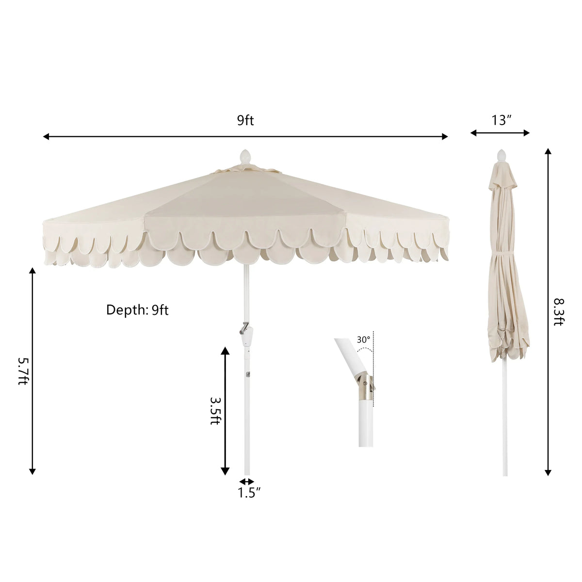 2026 NewJONATHAN Y Tracy 9 ft. Market Patio Umbrella, Classic Mid-Century Scalloped Fringe, with Auto-Tilt Crank, Wind Vent and UV Protection, Coral Pink/White, Dark Brown Pole