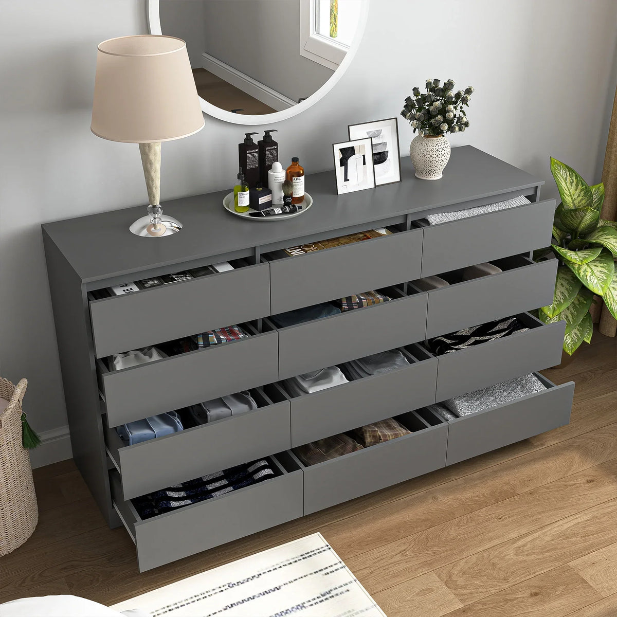 2026 NewResenkos Modern Mid Century 6 Drawer Wide Dressers Chests for Bedroom, Chest of Drawer Organizer Grey