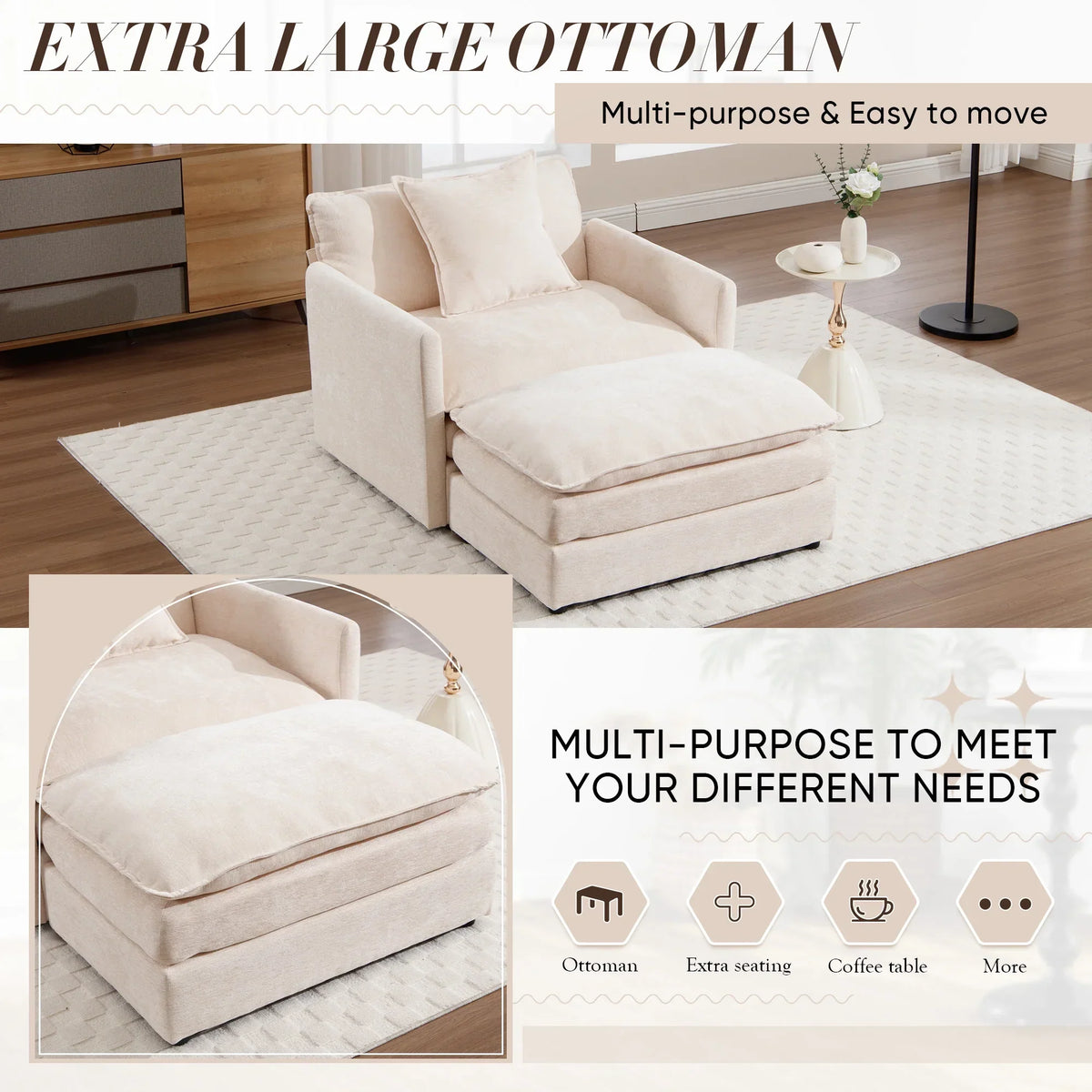 2026 NewMuumblus Oversized Lounge Chair with Ottoman, Cloud Accent Armchair for Living Room, Beige Chenille