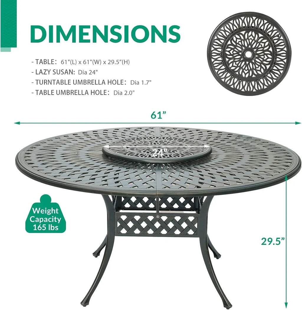 2026 NewVIVIJASON Outdoor 61" Patio Dining Table for 6-8 Person, Large Patio Round Dining Table with 24" Lazy Susan, Dark Bronze Cast Aluminum Rustic Patio Table W/Umbrella Hole for Balcony, Porch and Deck