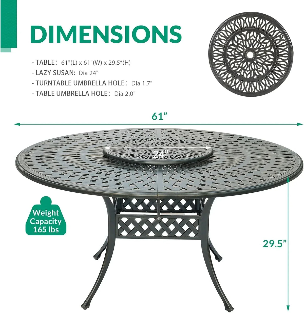 2026 NewVIVIJASON Outdoor 61" Patio Dining Table for 6-8 Person, Large Patio Round Dining Table with 24" Lazy Susan, Dark Bronze Cast Aluminum Rustic Patio Table W/Umbrella Hole for Balcony, Porch and Deck