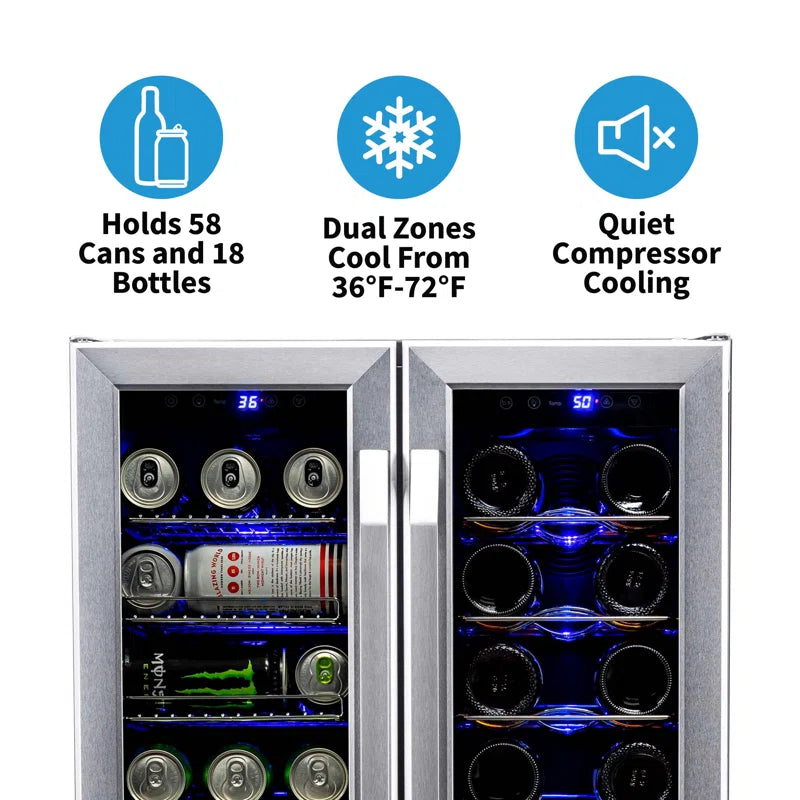 2026 Frigorífico para vinos y bebidas Newair de 24 pulgadas, empotrable, de doble zona, con capacidad para 18 botellas y 58 latas, en acero inoxidable.