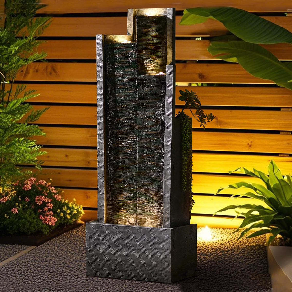 2026 NewOutdoor Modern Waterfall Fountain Water Fall Fountains with LED Lights for Garden, Patio, Backyard, Deck, Porch and Home Decor