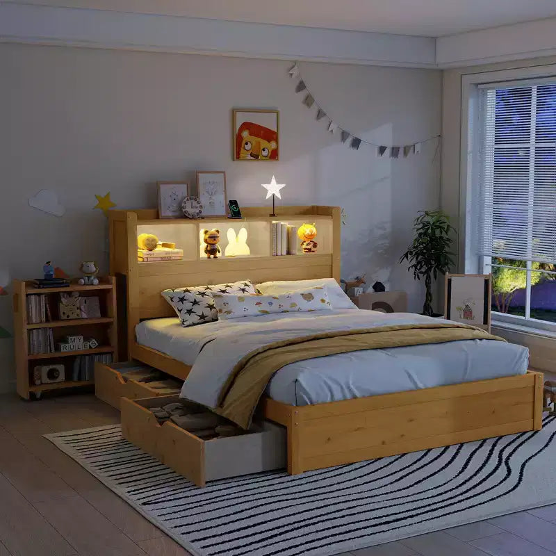 2026 Cama plataforma moderna de madera con cajones de almacenamiento y cabecero LED, natural/blanco, Twin/Full
