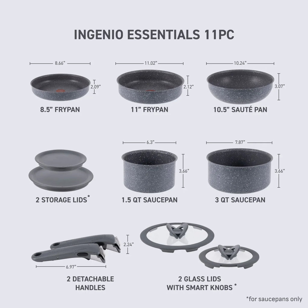 2026 NewT-fal Ingenio Essentials Nonstick, 11 Piece Cookware Set, Detachable Handle, Oven, Broiler, Dishwasher Safe, RV, Grey Granite