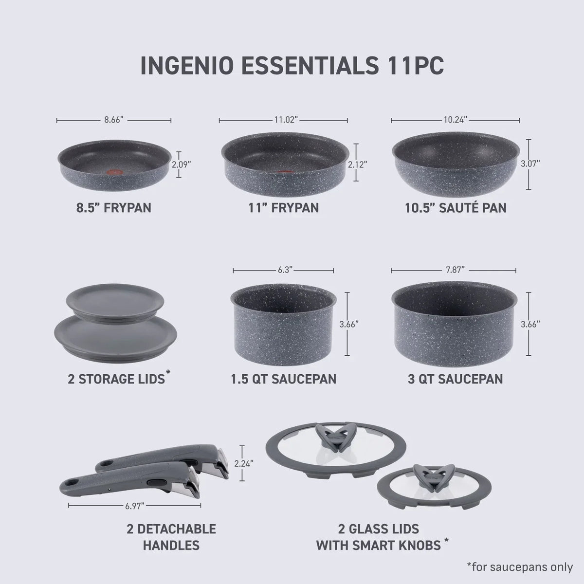 2026 NewT-fal Ingenio Essentials Nonstick, 11 Piece Cookware Set, Detachable Handle, Oven, Broiler, Dishwasher Safe, RV, Grey Granite