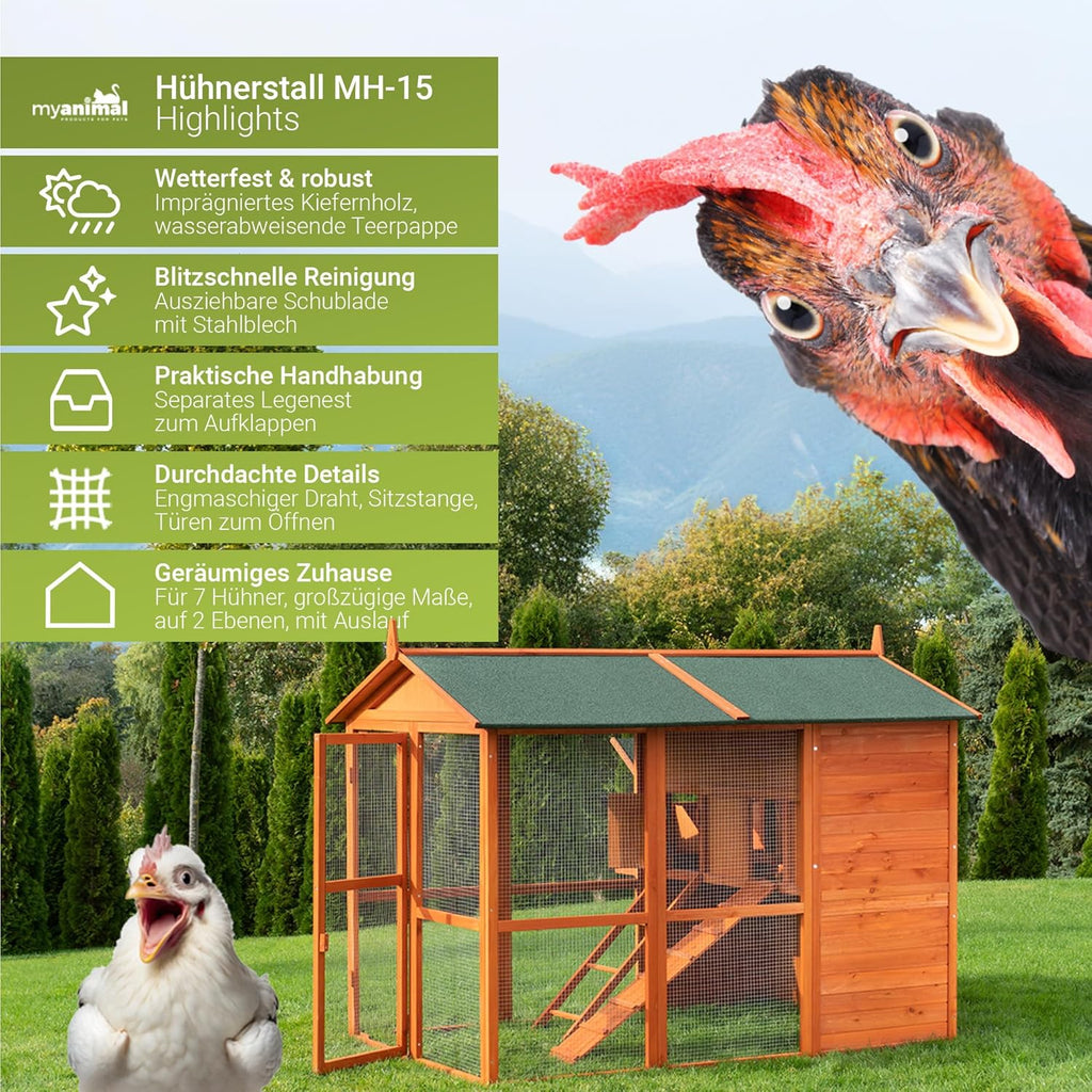 2026 Gallinero Miweba MyAnimal MH-15 XXL | 186x146x147 cm - Para 7 gallinas - Nido con corral - Percha - Resistente al invierno - 2 niveles - Gallinero con zona de puesta de huevos - Madera de pino - Aviario (Marrón)