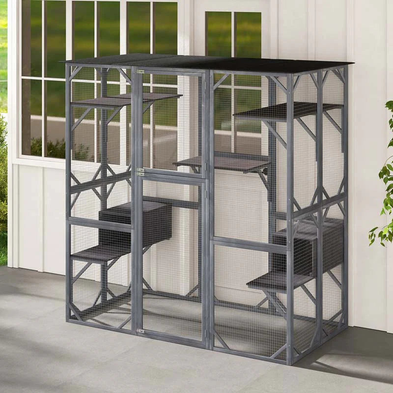 2026 Casa para gatos grande de 180 cm de altura, recinto exterior para gatos, caseta para gatos con acceso directo, jaula de madera para gatos con 7 plataformas.