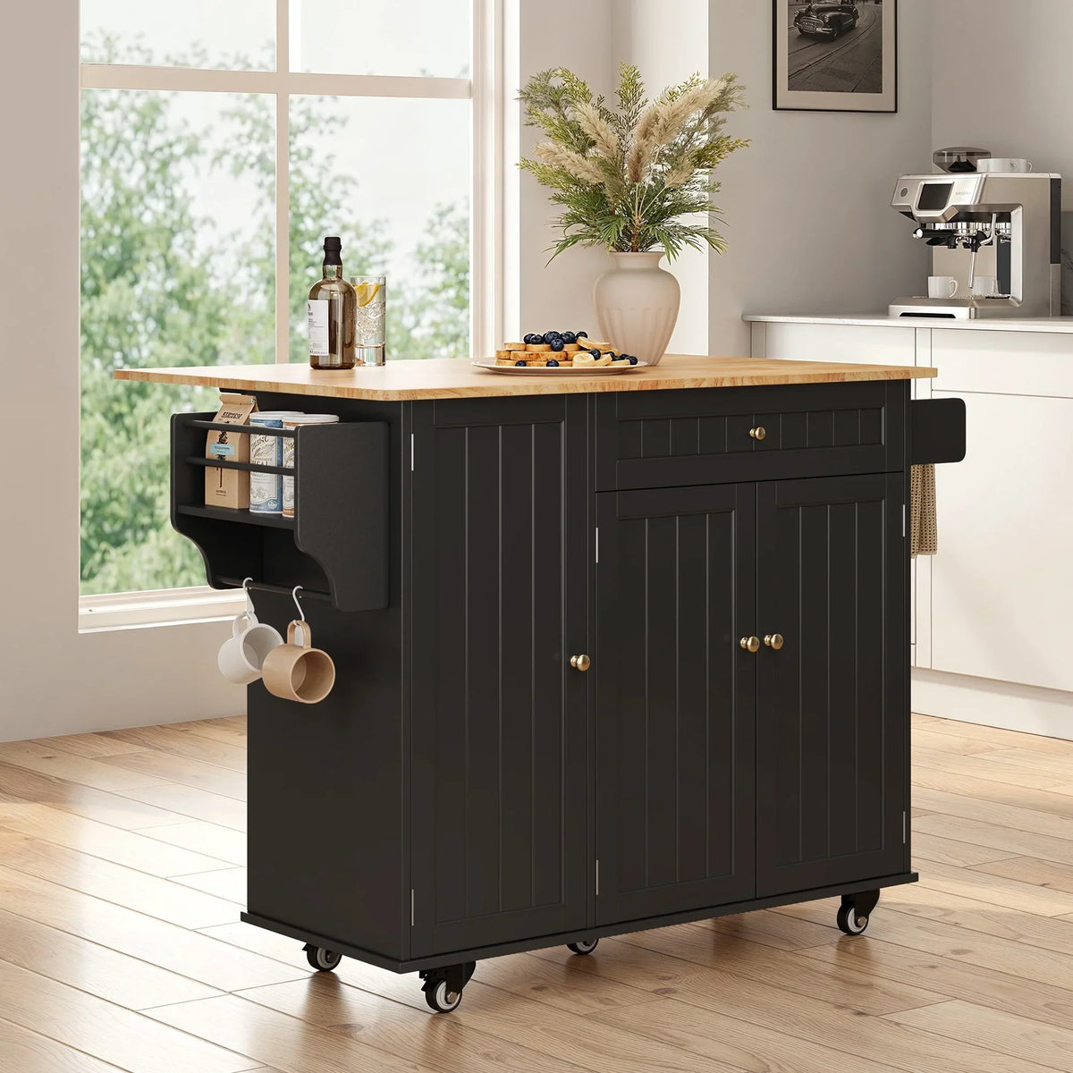 2026 NewNoelse Kitchen Island with Storage, Island Table for Kitchen with Drop Leaf, Spice Rack, Towel Bar for Small Kitchens, White