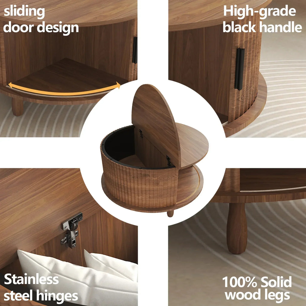 2026 NewRUMLIVE Round Coffee Table with Storage, 30.7" Modern Coffee Table with 360" Curved Sliding Door, Fluted Wood Coffee Table with Footpads, Round Center Table for Living Room, Black