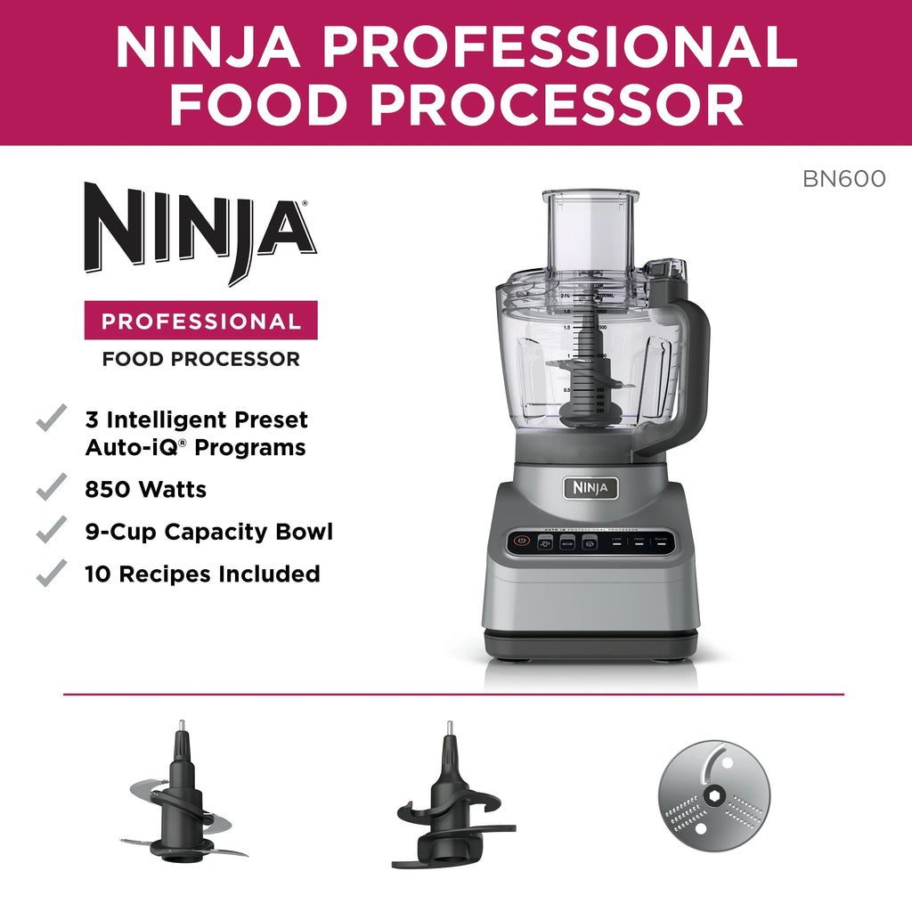 2026 NewNinja Professional 9 Cup Food Processor, 850 Watts, Auto-iQ 3 Presets, Chop, Dough, Slice, Shred, BN600 Silver
