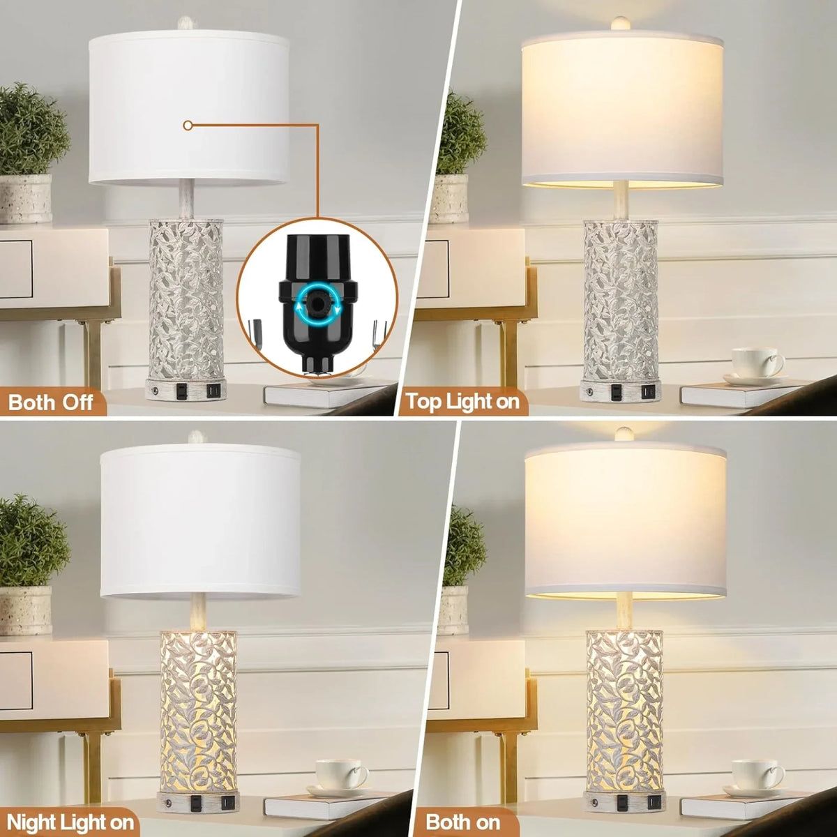 2026 NewCinkeda Table Lamp Set of 2 for Living Room Bedroom with USB Ports AC Outlet 3 Way Dimmable Touch Nightlight Farmhouse White Floral Nightstand Bedside Lamps