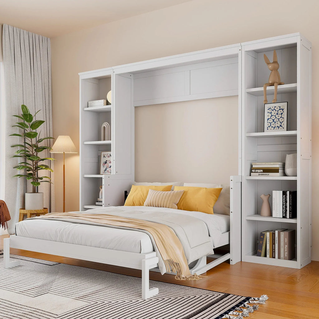 2026 NewQueen Size Murphy Bed with Desk and Bookshelf(White)