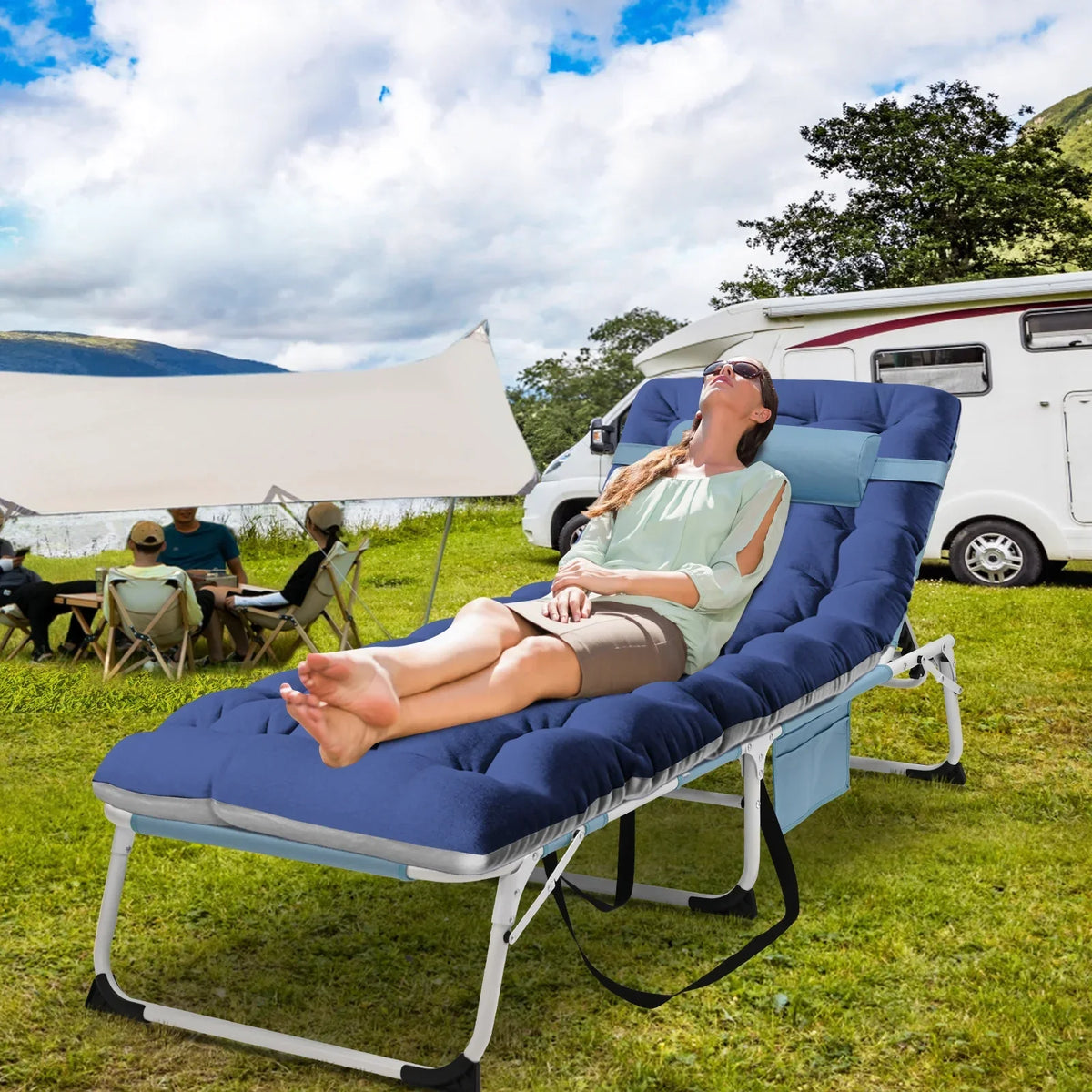 2026 NewMOPHOTO Lounge Chair with Mattress, Outdoor Chaise Lounge Support 440 Lbs, Adjustable Portable Heavy Duty Sleeping Cots Bed for Camping, Pool, Beach, Patio