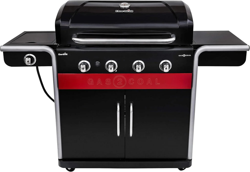 2026 Gas2Coal® Barbacoa híbrida: barbacoa de gas y carbón de tres quemadores, acabado en negro.
