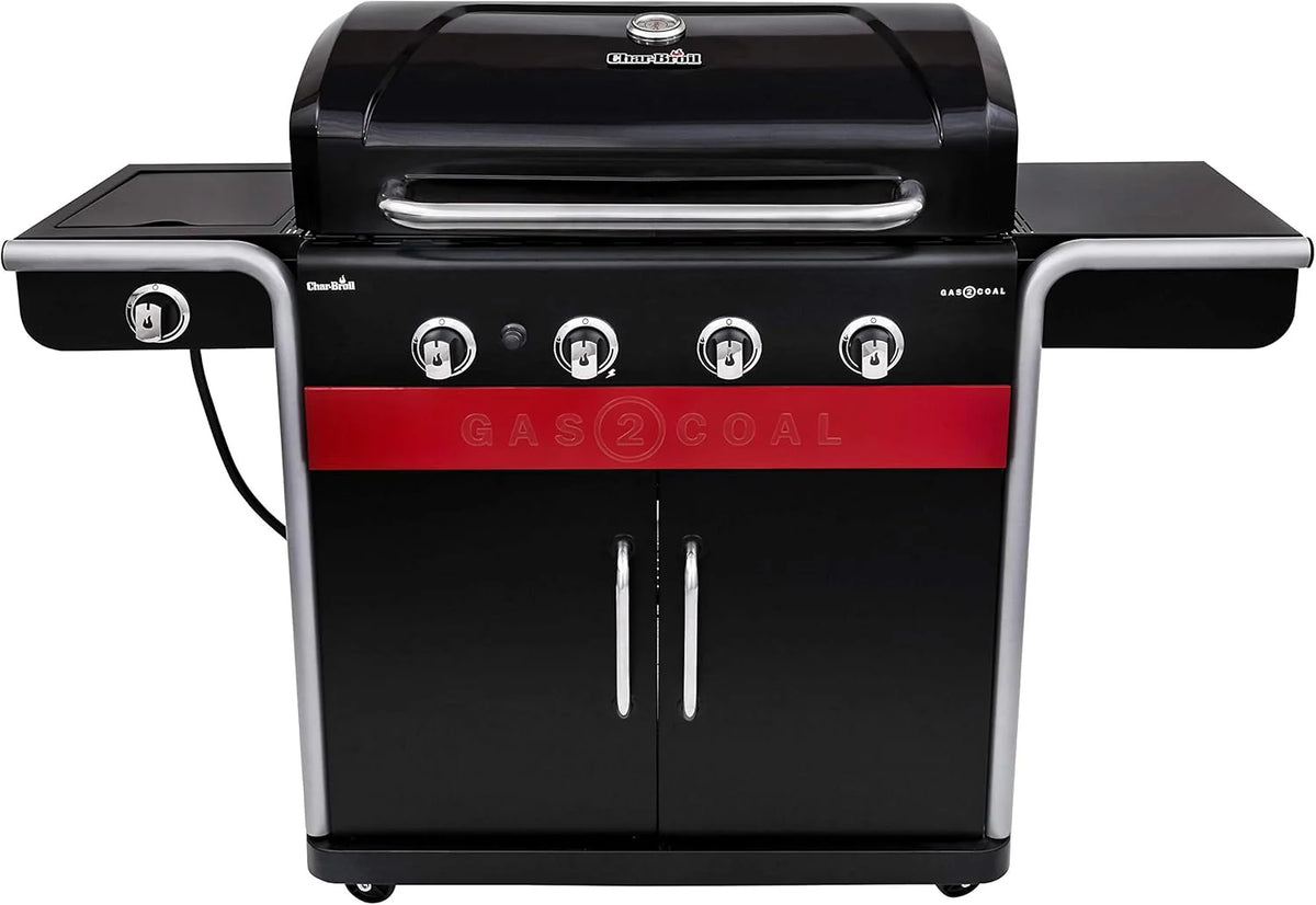 2026 Gas2Coal® Barbacoa híbrida: barbacoa de gas y carbón de tres quemadores, acabado en negro.