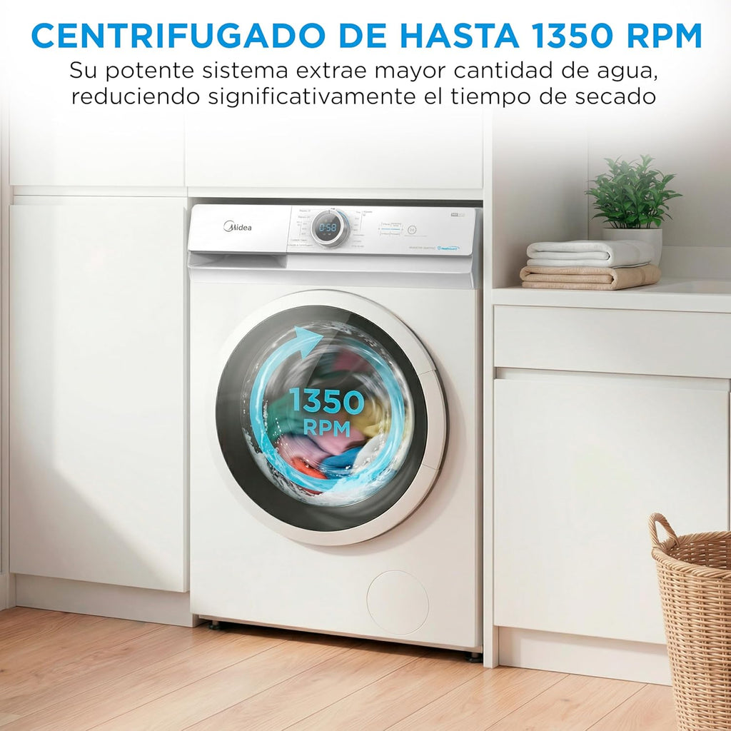 2026 Midea Lavadora de carga frontal 8 kg, 1950 W, 1350 rpm, motor Inverter, 15 programas, HealthGuard, lavado rápido, vapor y modo Eco