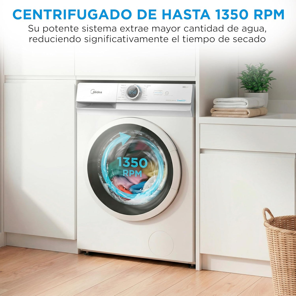 2026 Midea Lavadora de carga frontal 8 kg, 1950 W, 1350 rpm, motor Inverter, 15 programas, HealthGuard, lavado rápido, vapor y modo Eco