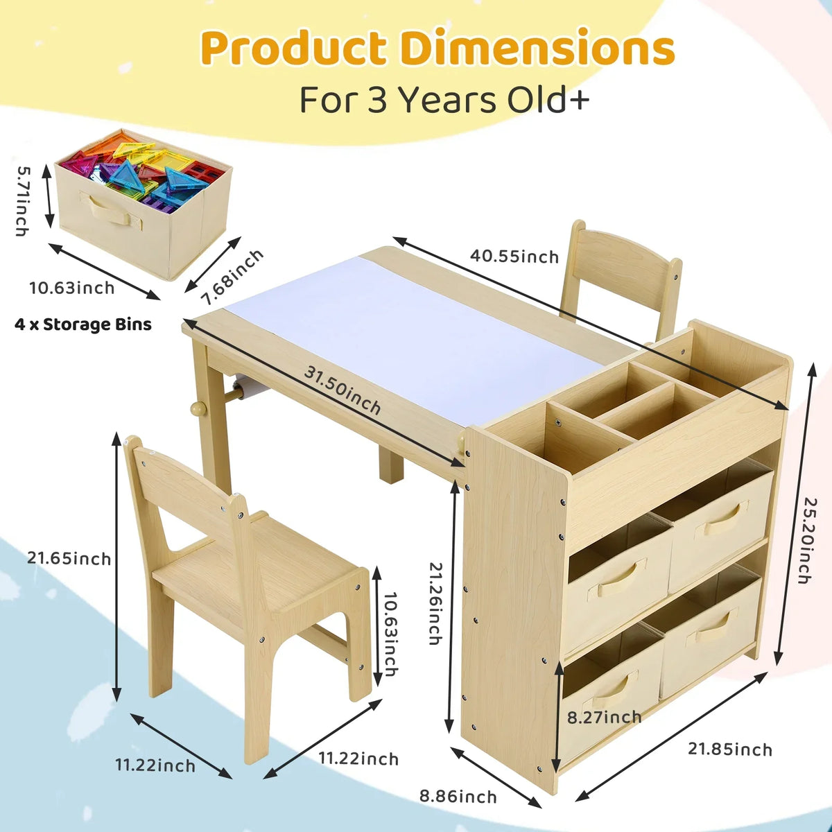 2026 NewPirecart Kids Art Table and 2 Chairs Toddler Craft Set Wooden Play Activity Drawing Table with 4 Storage Bins and Paper Roll