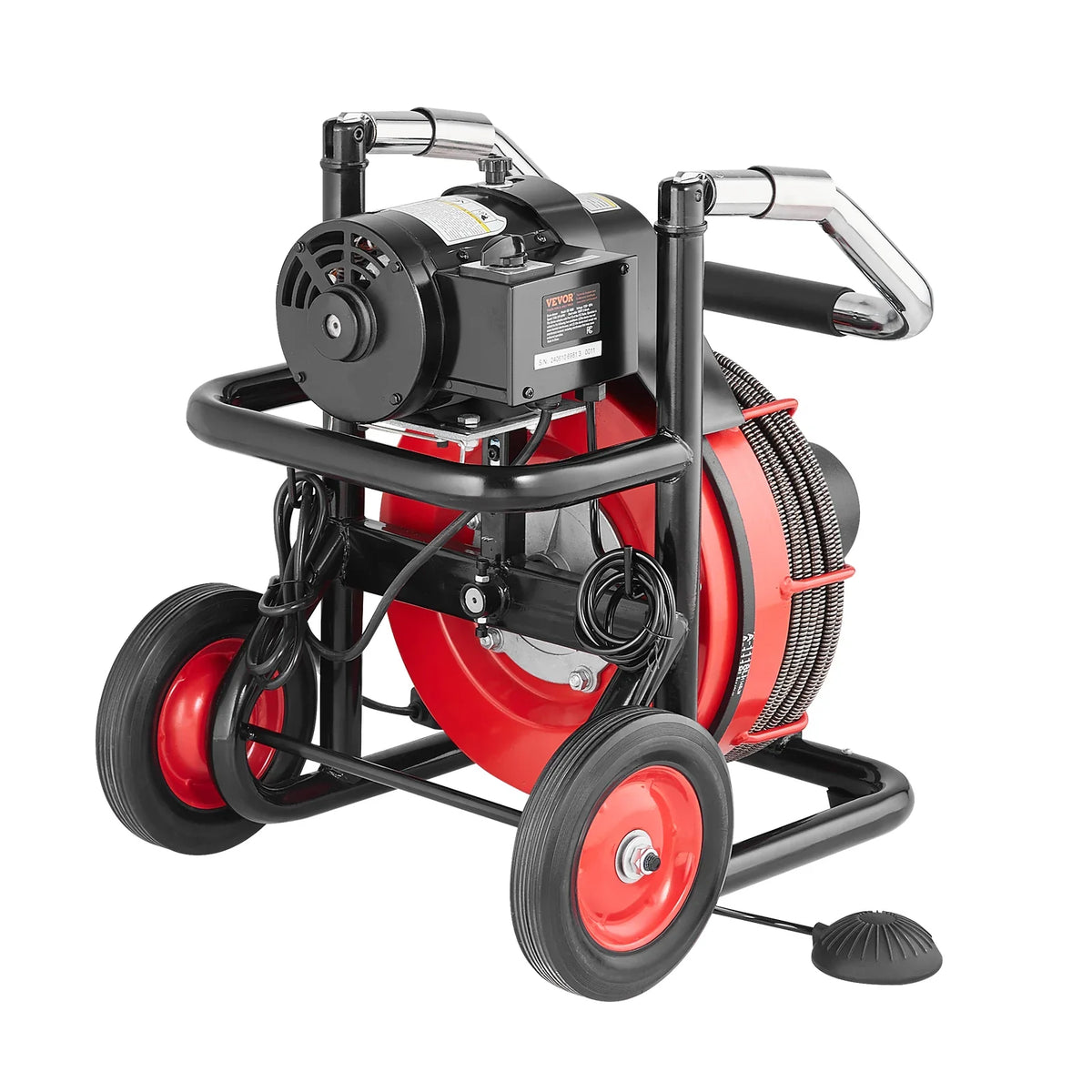 2026 NewVEVOR Drain Cleaner Machine 100FT x 3/8 Inch, Auto Feed Sewer Snake Auger on Wheels, 370W Portable Drain Cleaning Machine with 8 Cutters & Air-activated Foot Switch for 2" to 4" Pipes
