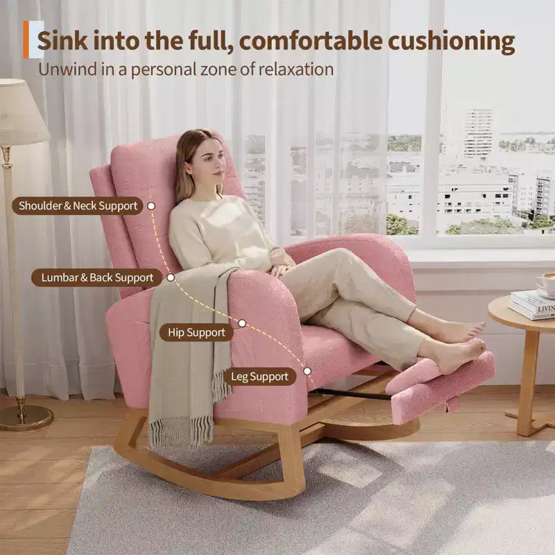2026 Sillón mecedora deslizante tapizado con bolsillo lateral, estructura de madera, 1 plaza