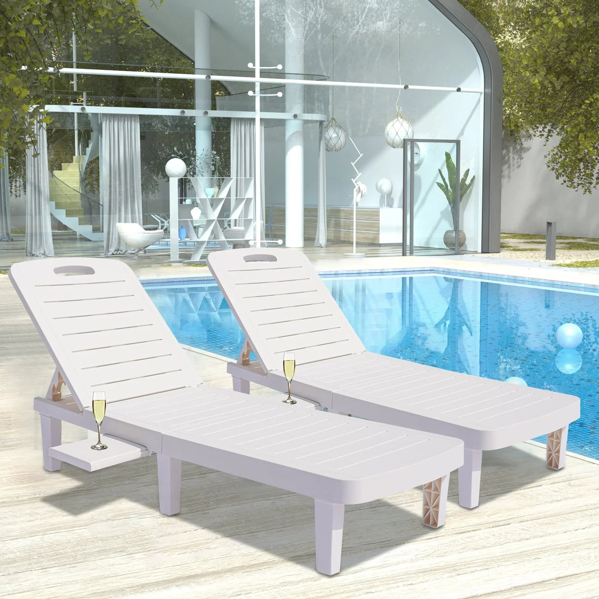 2026 NewPatio Lounge Chair Set of 2, Adjustable Chaise with Side Table, Outdoor Lounger Recliner for Poolside, Patio, Backyard, Wood Texture Design | Waterproof | Easy to Assemble | Max Weight 330 lbs White