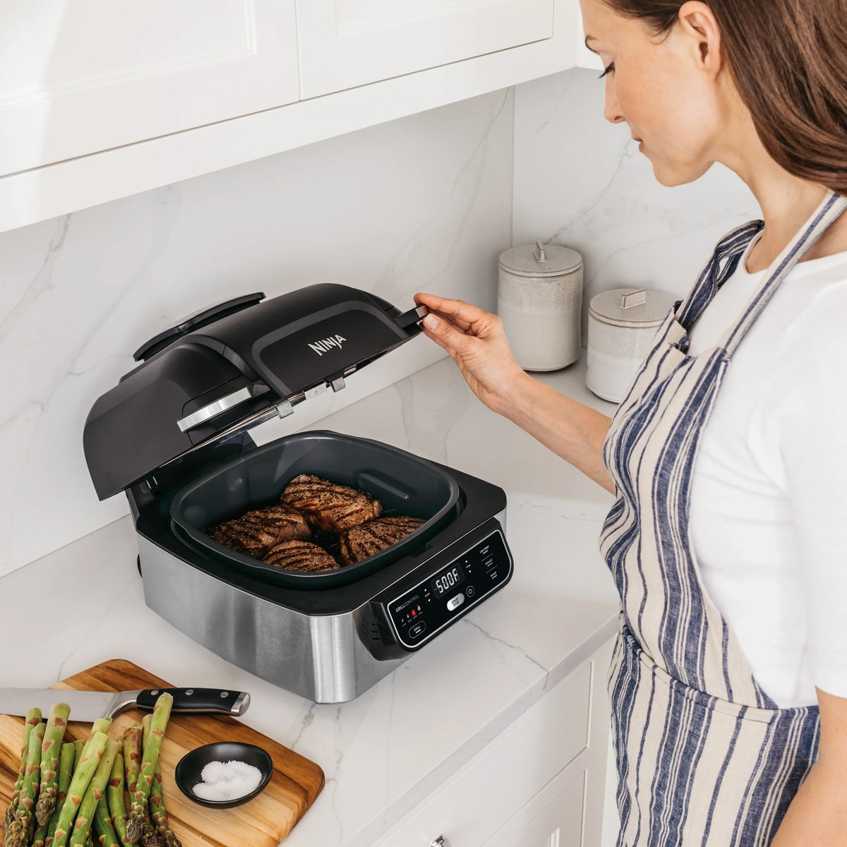2026 NewNinja Foodi 4-in-1 Indoor Grill with 4-Qt Air Fryer, Roast, Bake, & Cyclonic Grilling Technology, Black/Stainless