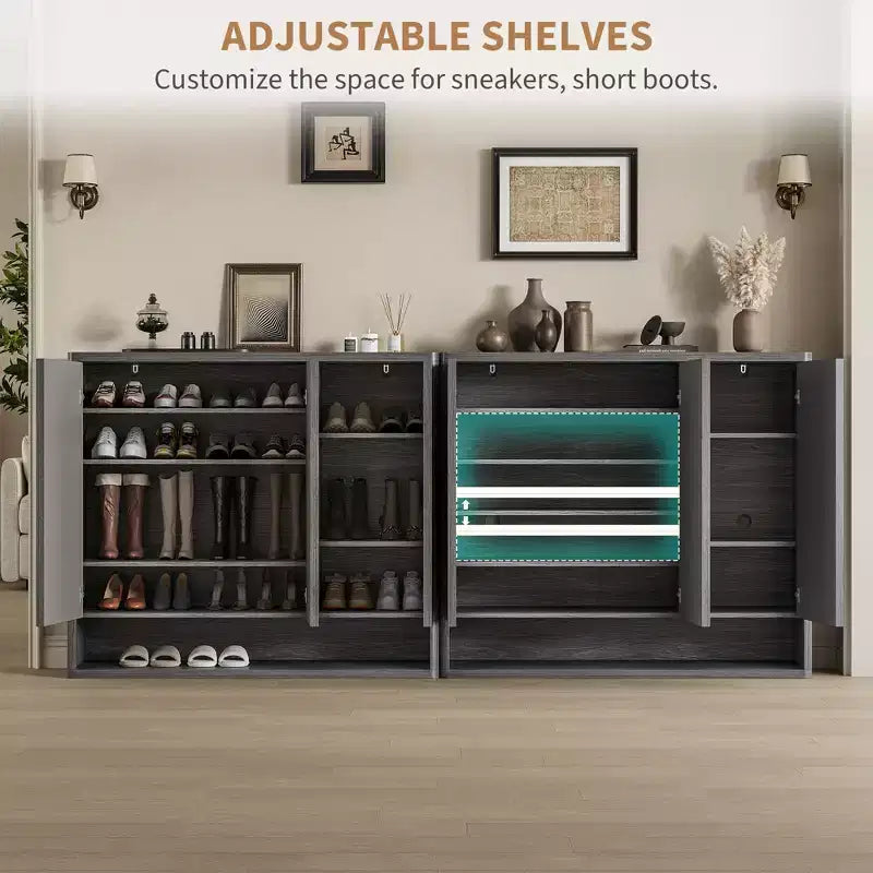 2026 Zapatero de madera de 46" con puerta acanalada, almacenamiento ajustable para 30–35 pares