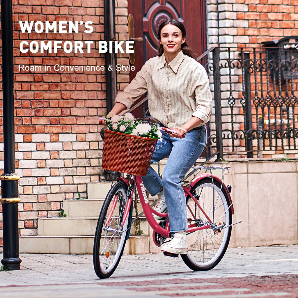 2026 NewViribus Women's Comfort Bike 24 inch Beach & City Cruiser Bicycle with Basket Rack White