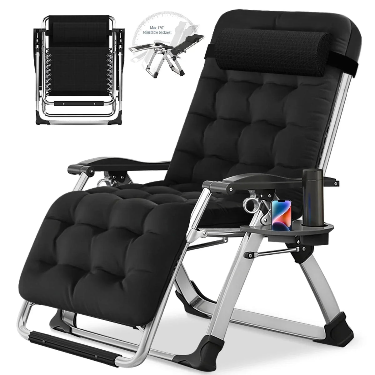 2026 NewNAIZEA 2 Pack Zero Gravity Chair, Foldable Portable Lawn Recliner with Cushion, Headrest, Cup Holder, Black