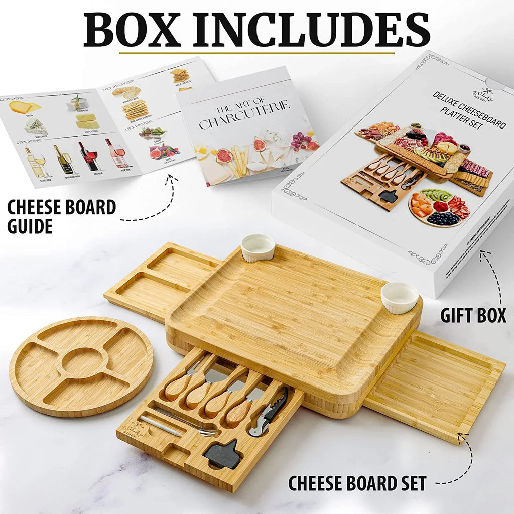 2026 NewZulay Kitchen Bamboo Cheese Board Set Extra Thick Charcuterie Board 15 Piece - Deluxe Set