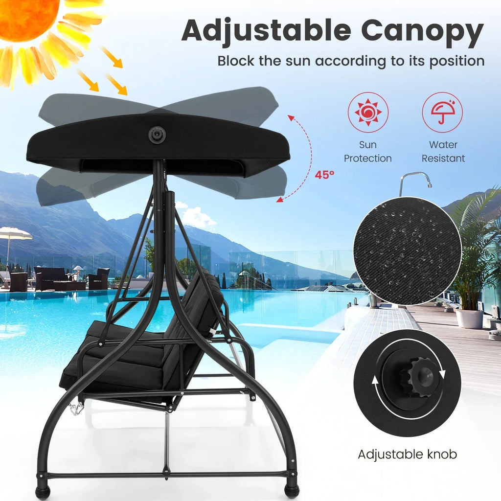 2026 NewCostway 3-Seat Outdoor Converting Patio Swing Glider Adjustable Canopy Porch Swing Black