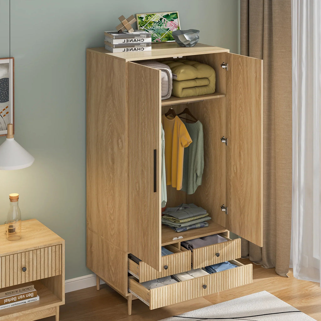 2026 NewArmoire Wardrobe Closet with 2 Doors, Wardrobe Cabinet with Hanging Rod and Drawers, Wooden Closet for Bedroom, White