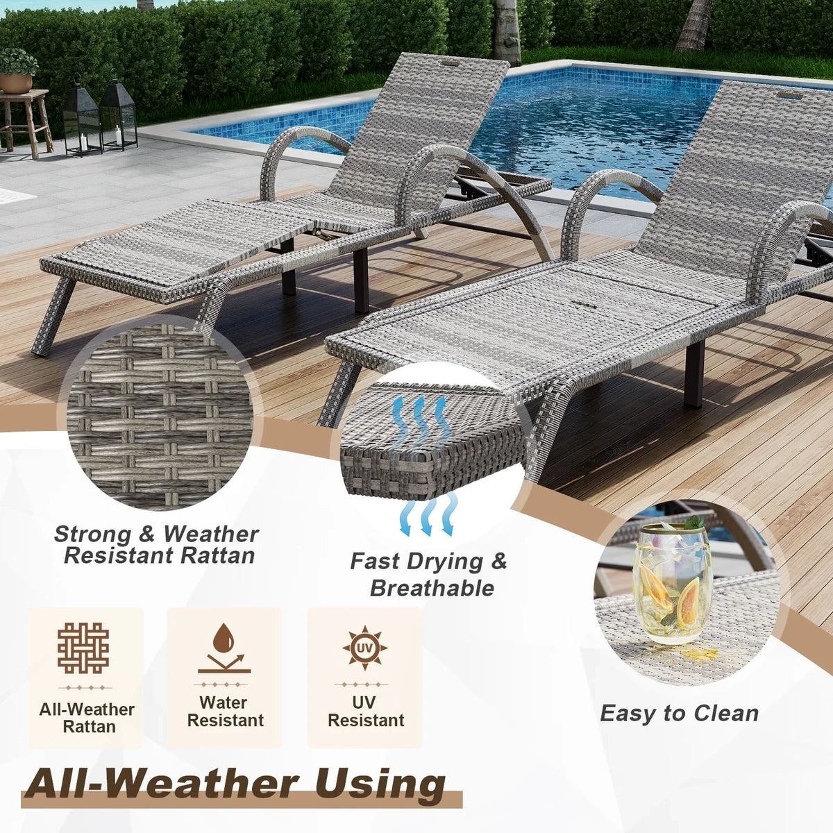 2026 NewMEISSALIVVE 4-Piece Outdoor Lounge Chairs, Pool Chairs with Adjustable 5 Position Backrest, PE Rattan Chaise for Backyard Porch Deck (Gray)